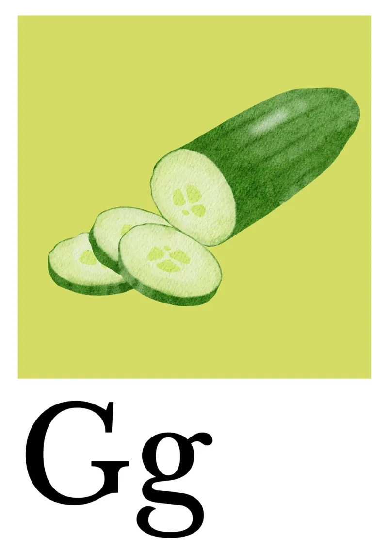Buchstabe G - G wie Gurke poster con telaio in alluminio da Grünkraftwerk