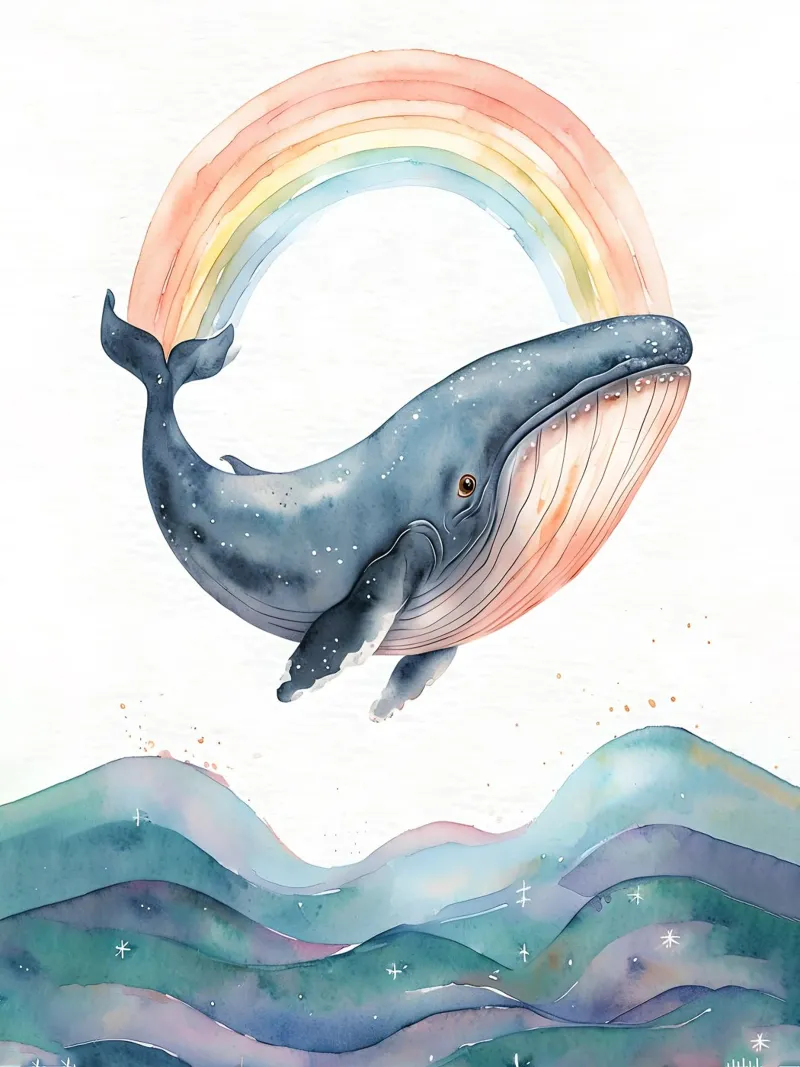Balena acquerellata con arcobaleno poster con telaio in alluminio da 🐹 BABY ART PRINTS
