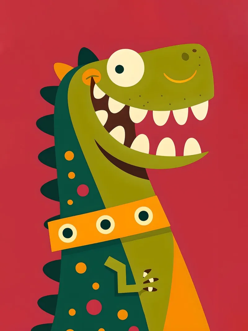 Illustrazione di dinosauro a cartoni animati su sfondo rosso poster con telaio in alluminio da 🐹 BABY ART PRINTS