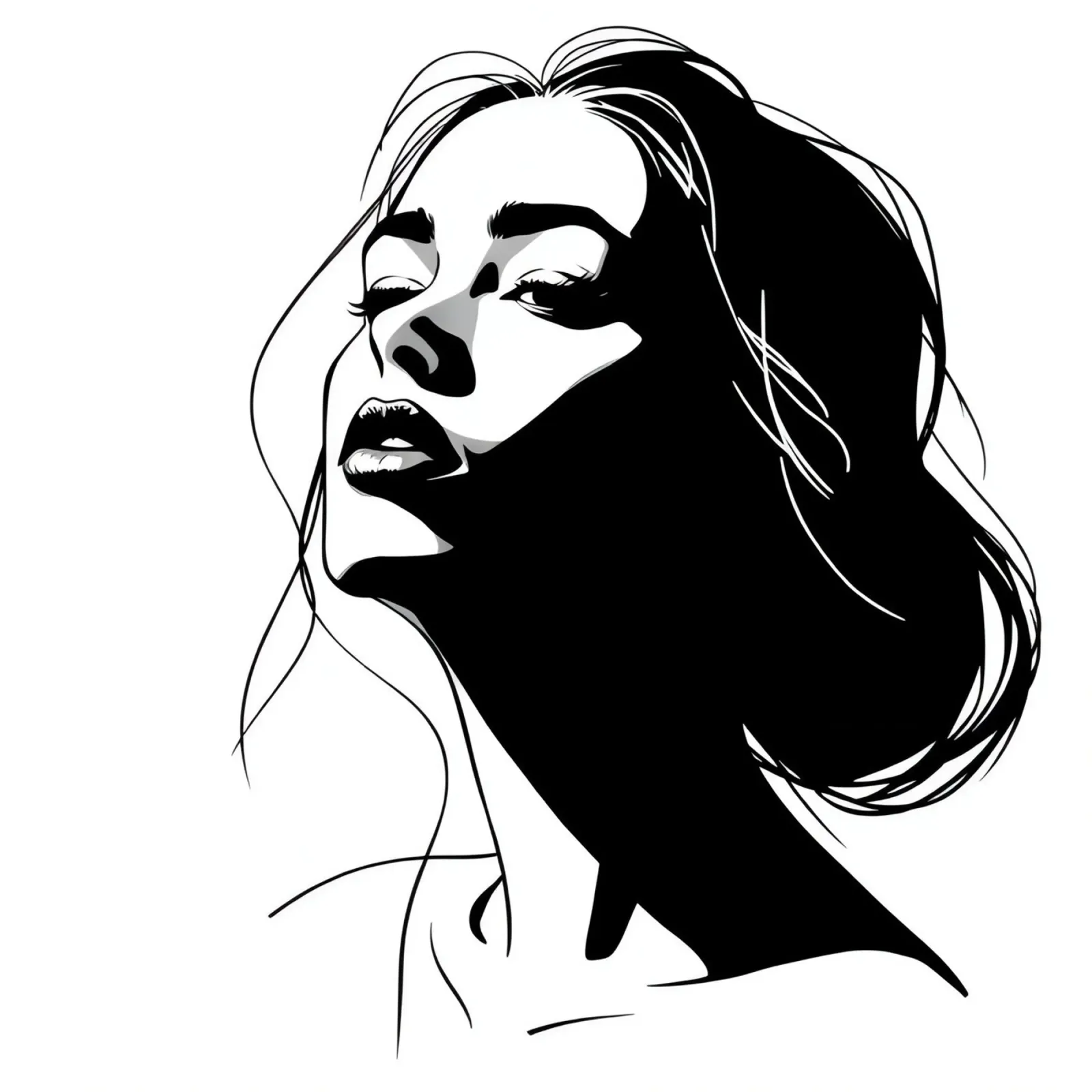 Illustrazione in bianco e nero del volto di una donna poster con telaio in legno da DesignDoodle