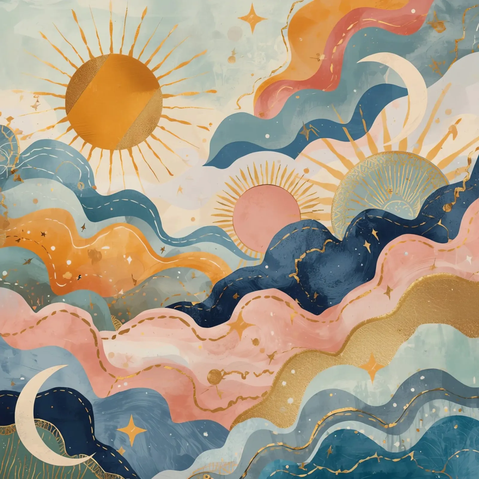Paisaje abstracto en acuarela con soles, lunas, estrellas y olas poster con marco de aluminio de DesignDoodle