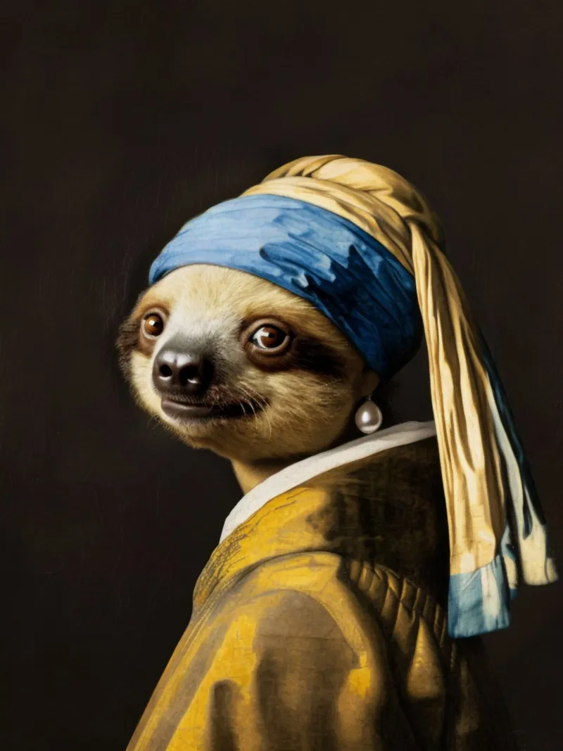 Le paresseux de Vermeer avec une boucle d'oreille en perle dans une robe jaune poster avec cadre en plastique de Modern Muse