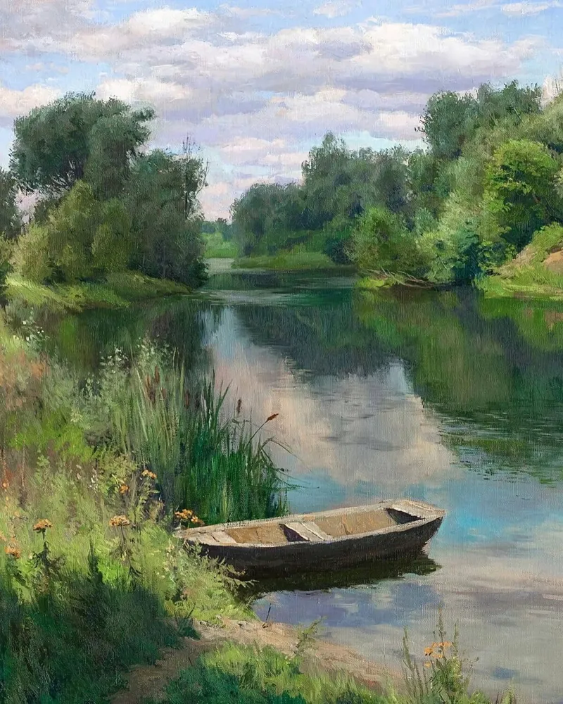 barca fiume alberi poster con telaio in legno da Karl Martin