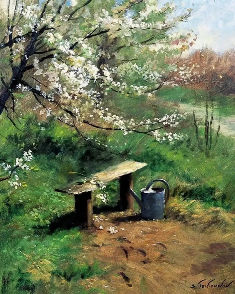 albero con annaffiatoio poster con telaio in legno da Karl Martin