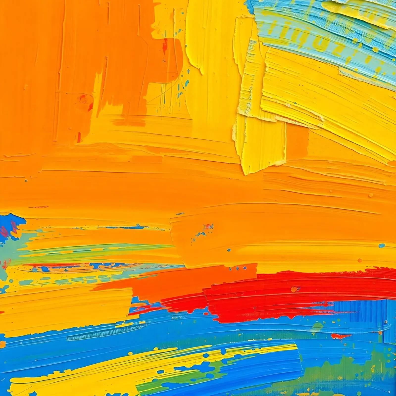 Pittura astratta con pennellate di arancione, giallo, blu e rosso poster con telaio in legno da DesignDoodle
