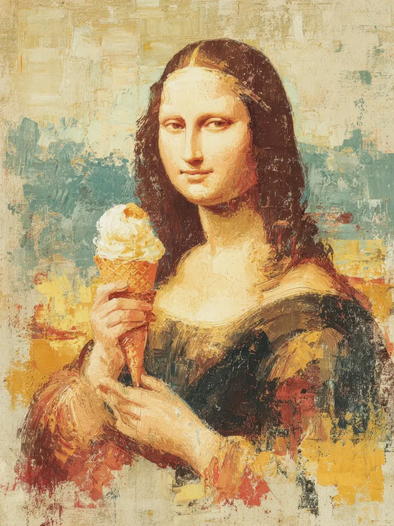 Mona Lisa dégustant une glace à l'huile en style vintage poster avec cadre en plastique de Modern Muse