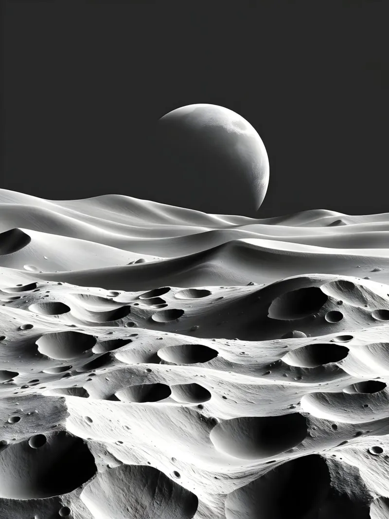 Paesaggio lunare monocromatico, crateri e dune astratte poster con telaio in alluminio da Artistic-shop
