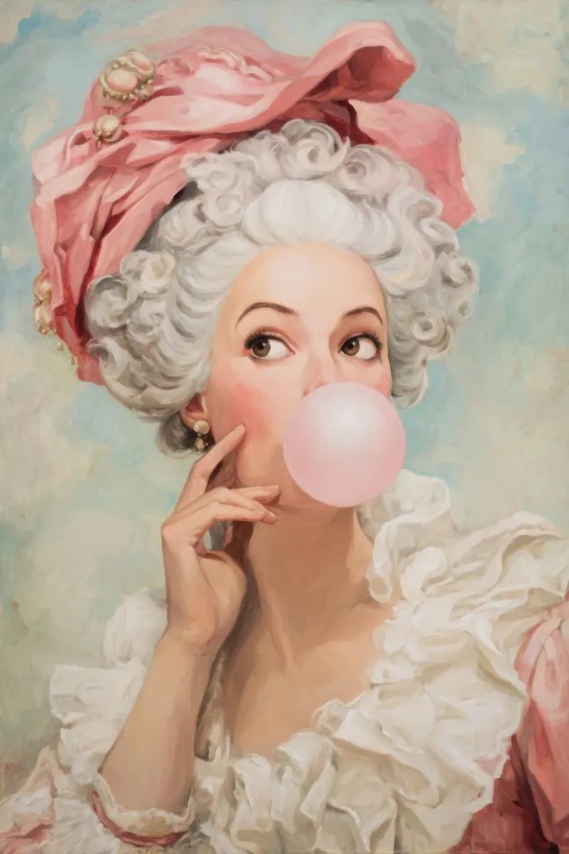 Madame Pompadur che soffia una gomma da masticare rosa poster con telaio in alluminio da Modern Muse