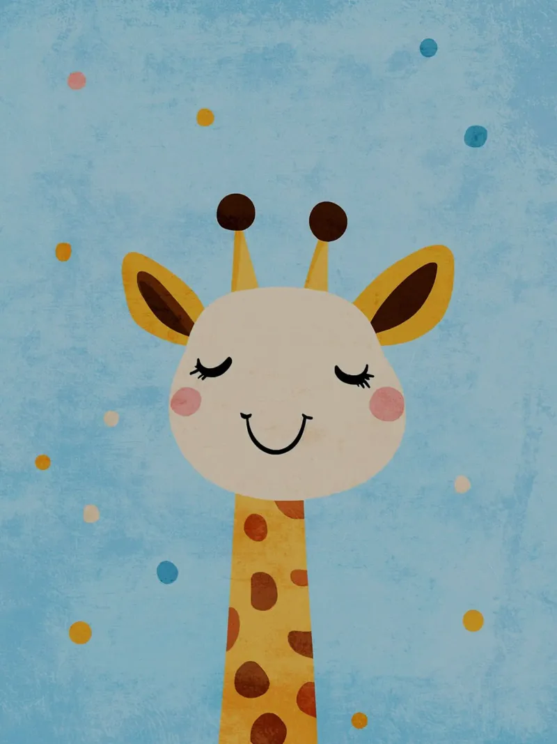 giraffa che sorride macchie occhi chiusi poster con telaio in legno da Courtney Ohling