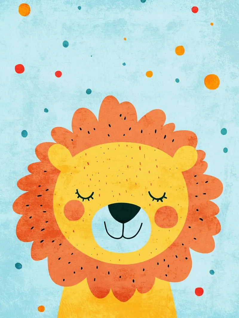leone sorridente occhi chiusi cartone animato poster con telaio in alluminio da Courtney Ohling