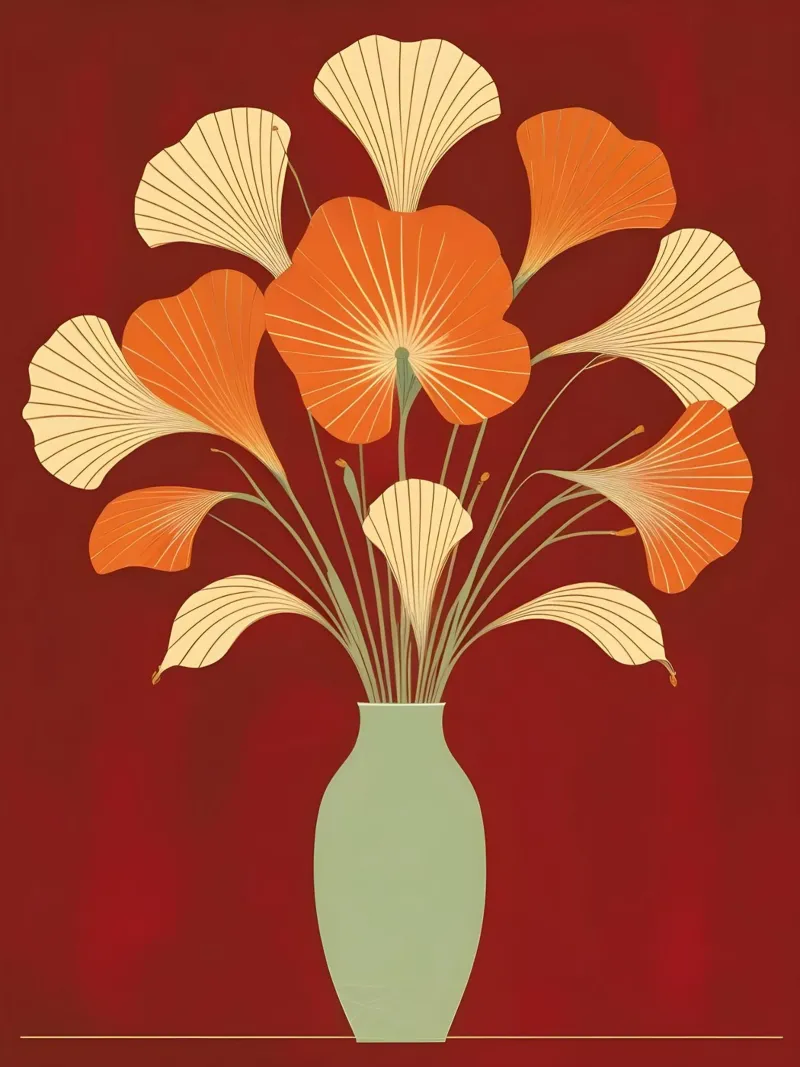 Bouquet floreale radiale astratto in arancione e crema poster con telaio in plastica da Artistic-shop
