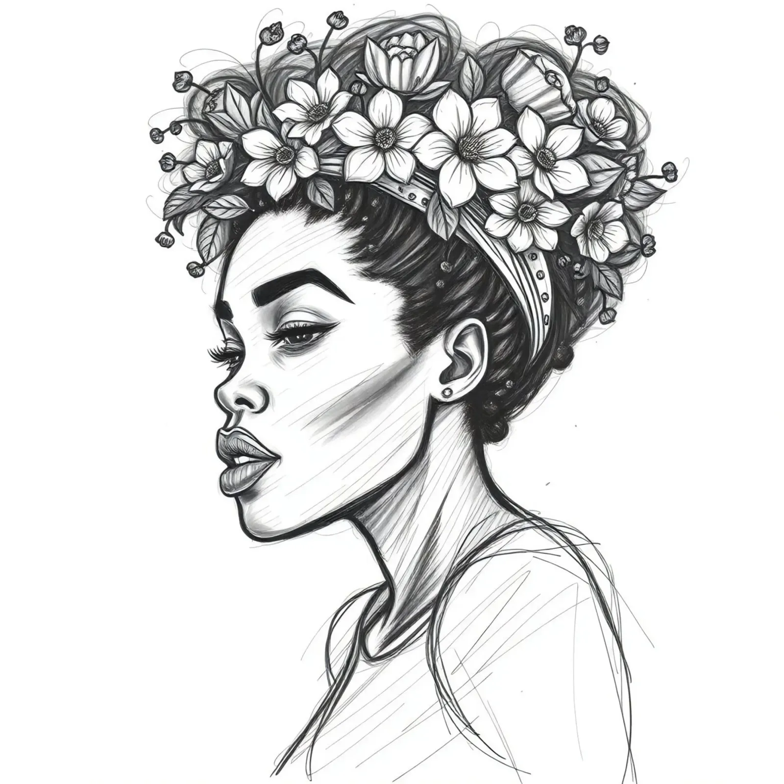 Donna di profilo con corona di fiori Schizzo in bianco e nero poster con telaio in plastica da DesignDoodle