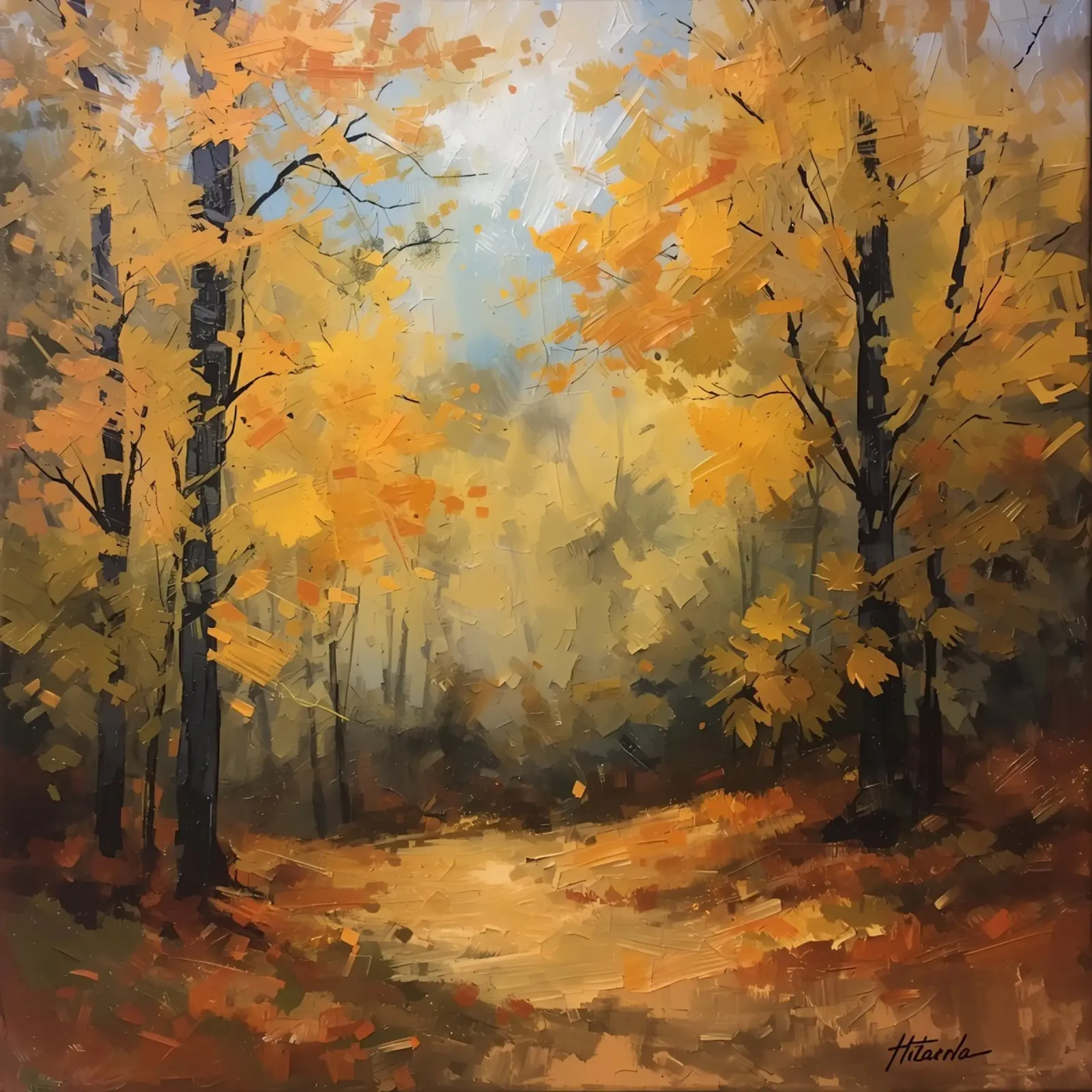 Painting of Autumn Forest with Yellow Trees and Path canvas with Floater frame by DesignDoodle