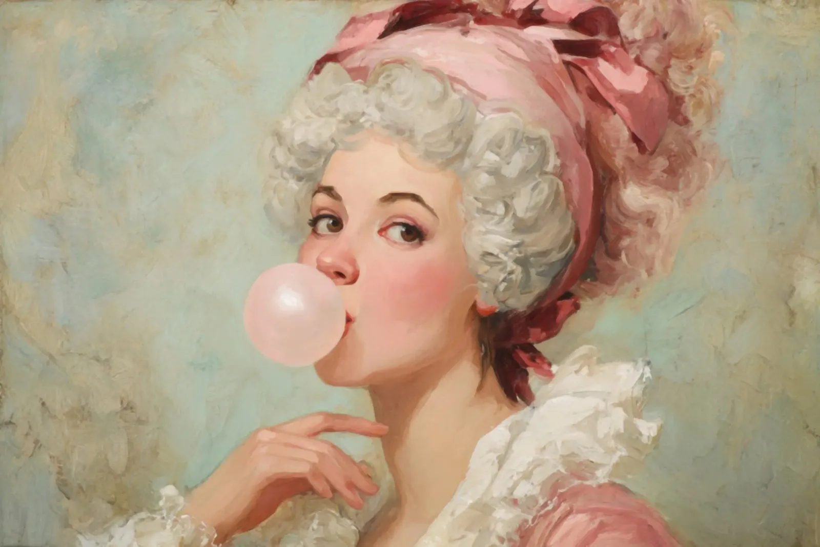 Madame Pompadour soffia la gomma da masticare in stile rococò poster con telaio in alluminio da Modern Muse