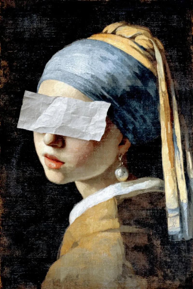 La Ragazza con l'orecchino di perla di Vermeer in un travestimento giocoso poster con telaio in legno da Modern Muse