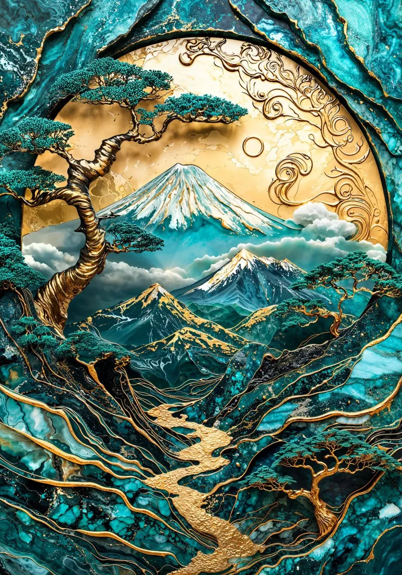 Golden Harmony of Fuji Art poster con telaio in plastica da Pixaverse