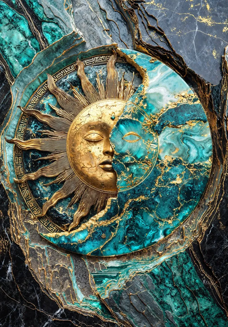 Golden Sun and Moon Kintsugi Art poster con telaio in plastica da Pixaverse
