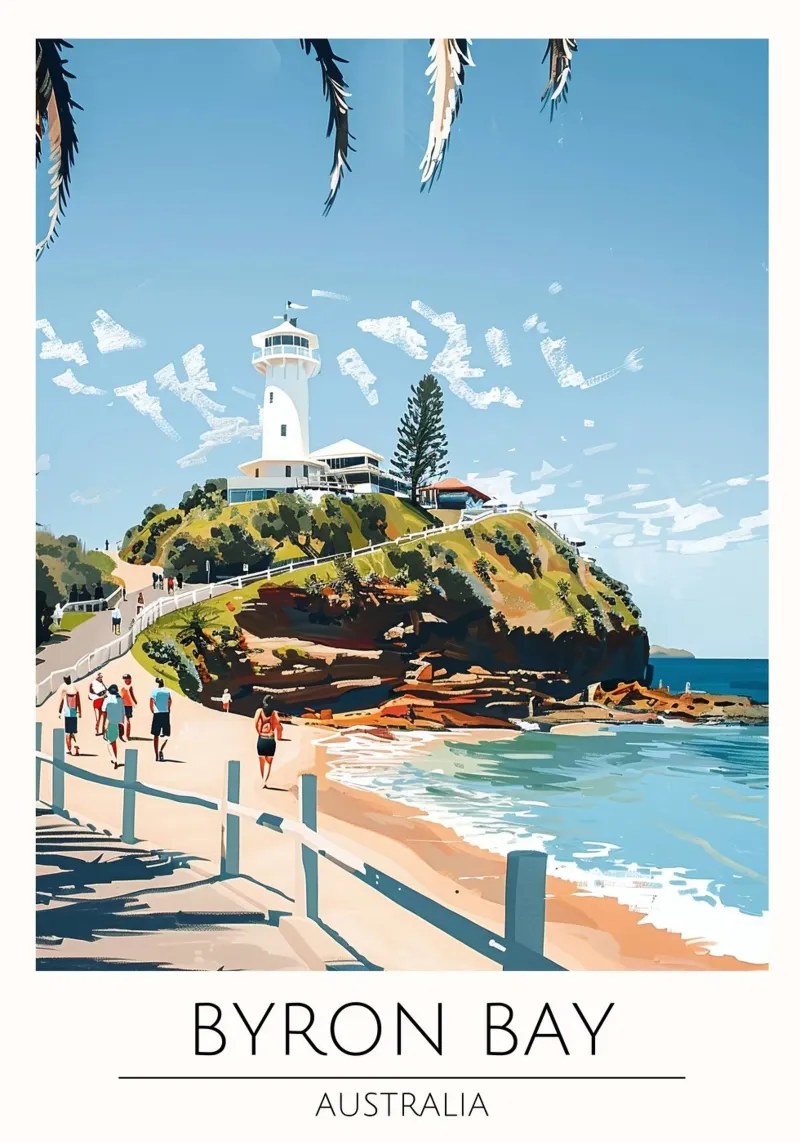Poster di viaggio d'epoca del faro di Byron Bay poster da homdeco