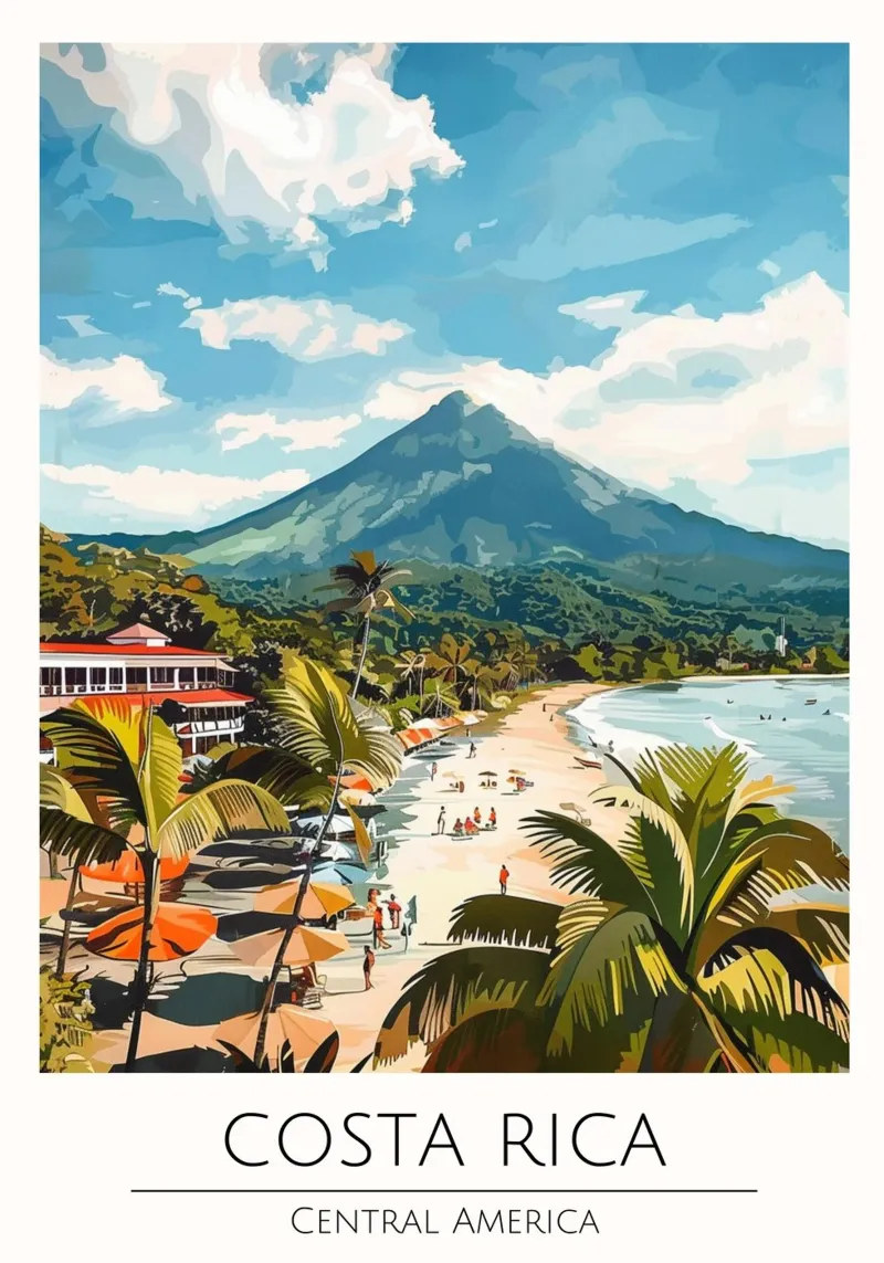 Costa Rica Strand & Vulkaan Vintage Reisposter canvas met Baklijst van homdeco