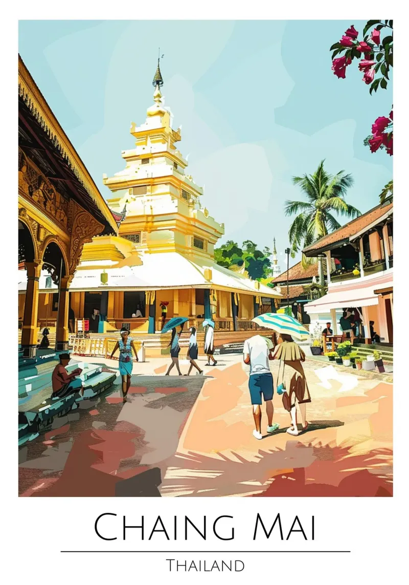 Poster di viaggio d'epoca di Chiang Mai Thailandia tela con Cornice a cassetta da homdeco