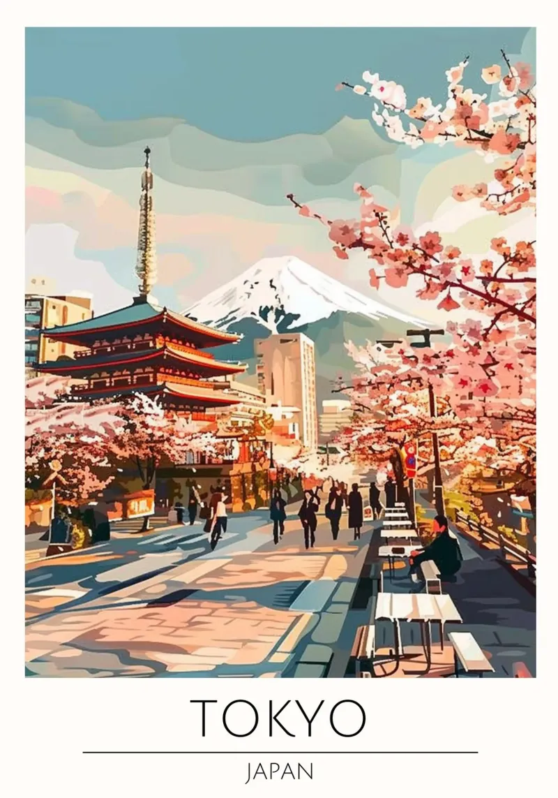 Tokyo Monte Fuji Ciliegio in fiore Poster d'epoca poster con telaio in legno da homdeco