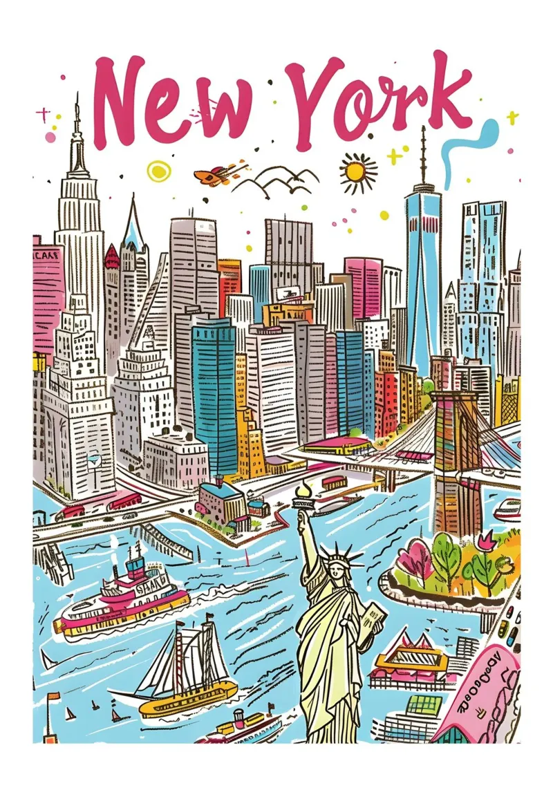 New York Stad Illustratie Kleurrijke Reisposter canvas met Baklijst van homdeco