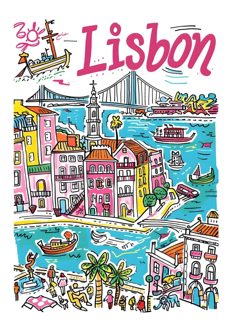 Lisbona Portogallo, città colorata e divertente Poster artistico poster con telaio in plastica da homdeco