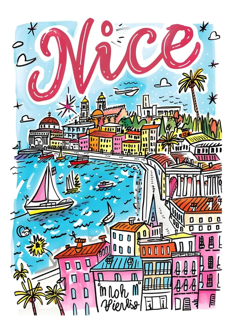 Nizza Francia, città colorata e divertente Poster artistico poster con telaio in plastica da homdeco