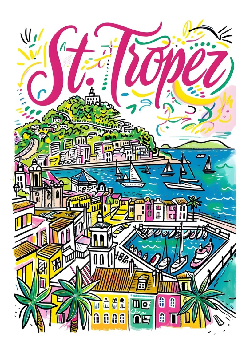 St Tropez Frankrijk Kleurrijke Funky Stadsposter canvas met Baklijst van homdeco