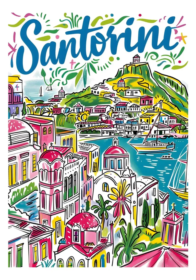 Santorini Grecia Arte di viaggio colorata e divertente poster da homdeco