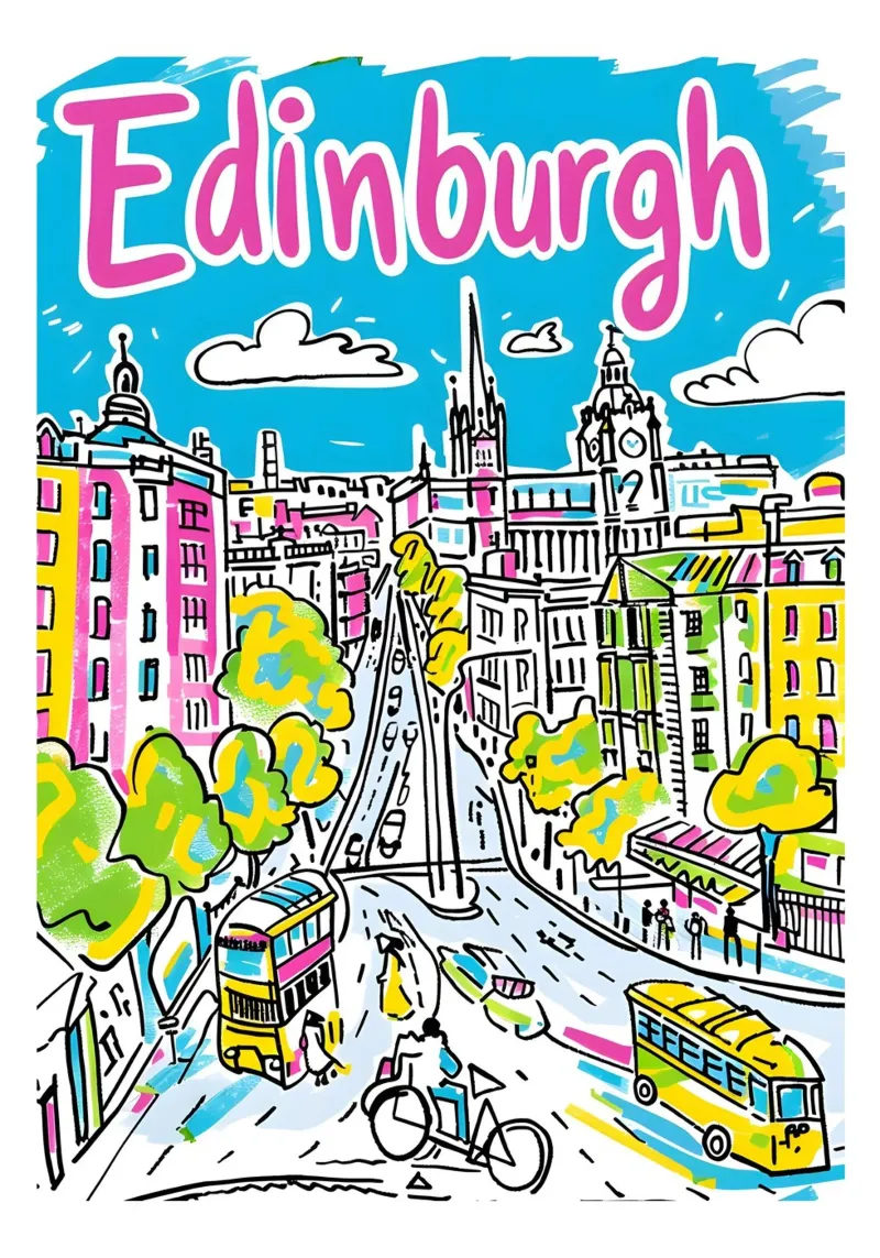 Edimburgo Scozia, città colorata e divertente Poster artistico poster con telaio in legno da homdeco