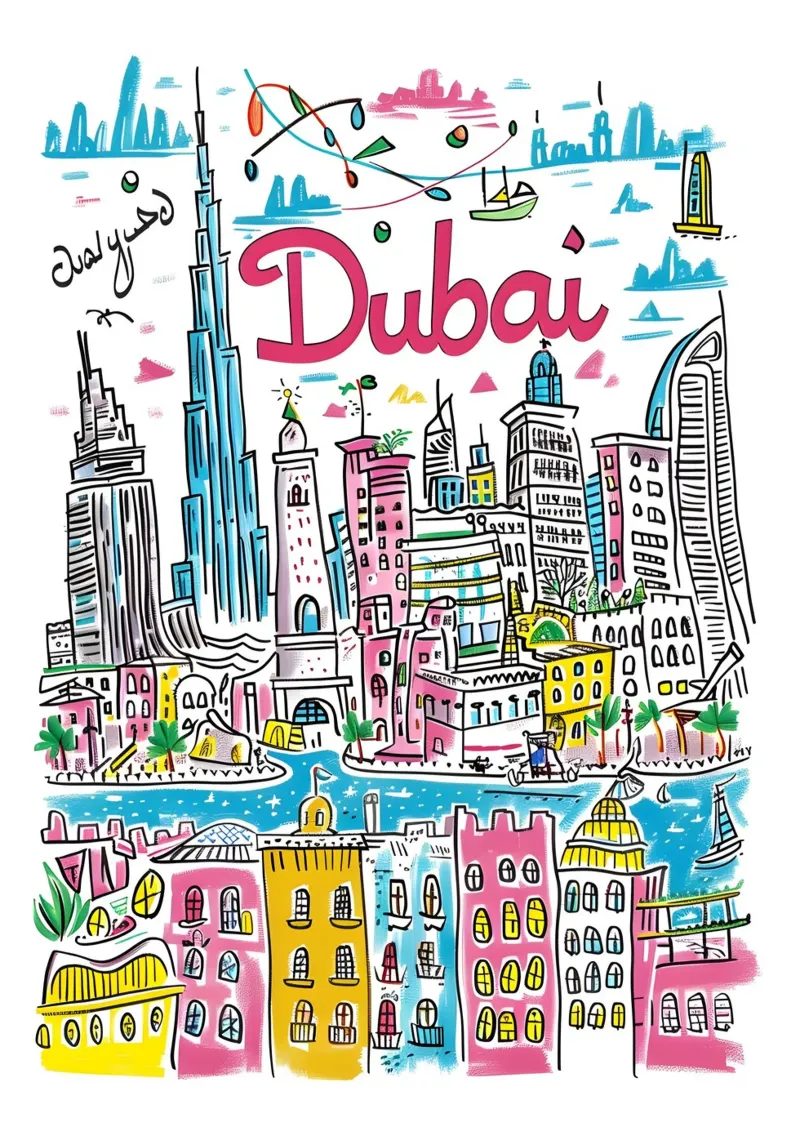 Poster artistico della città di Dubai, Emirati Arabi Uniti, colorato e divertente poster con telaio in plastica da homdeco