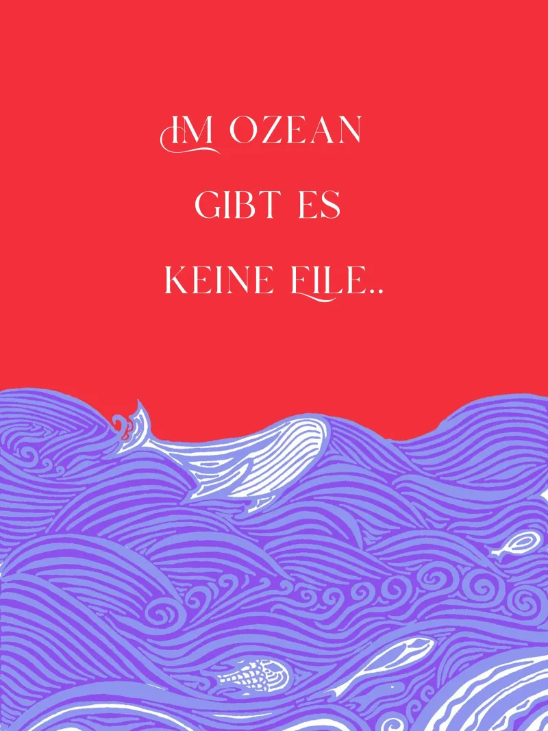 Non c'è fretta nell'oceano - balena nel mare. Blu lilla rosso. poster da PaperLine Art