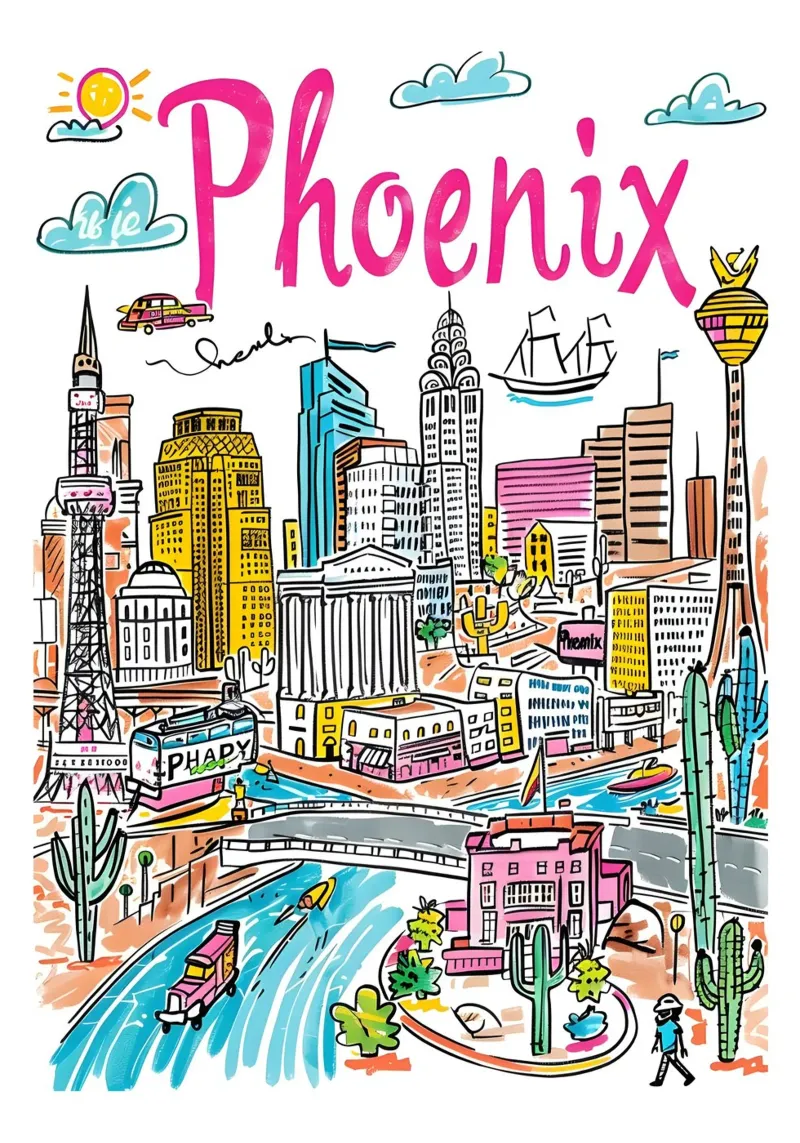 Phoenix Arizona Kleurrijke Funky Stadsposter canvas met Baklijst van homdeco