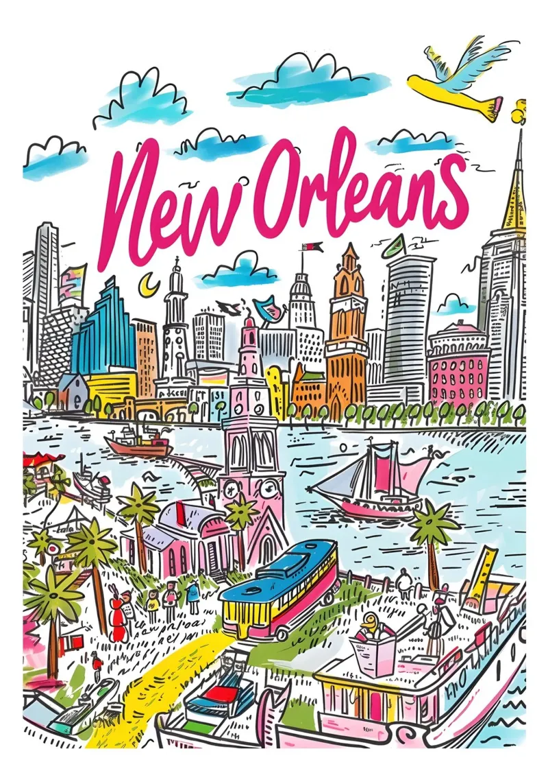 New Orleans Funky Kleurrijke Stadsposter canvas met Baklijst van homdeco