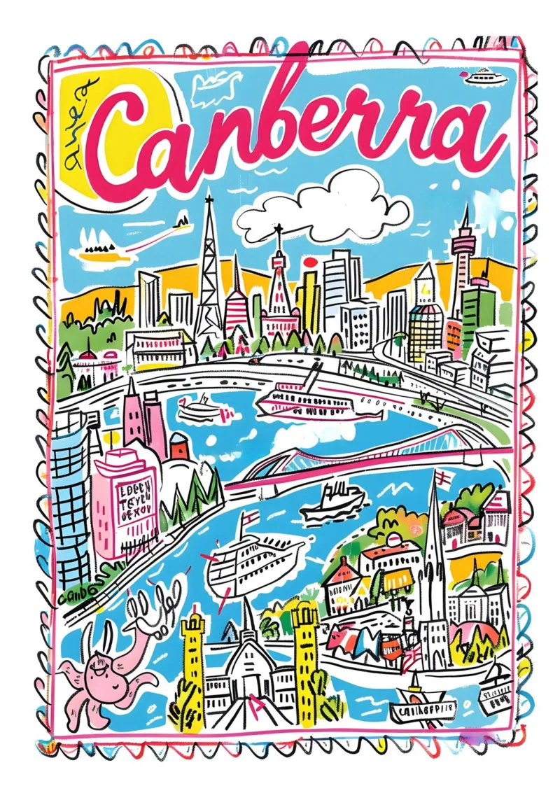 Canberra Australië Kleurrijke Funky Stadsposter canvas met Baklijst van homdeco