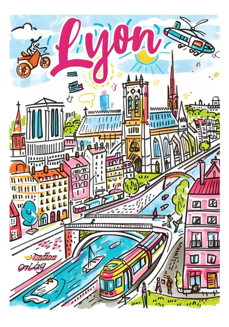 Lione Francia, città colorata e divertente poster da homdeco