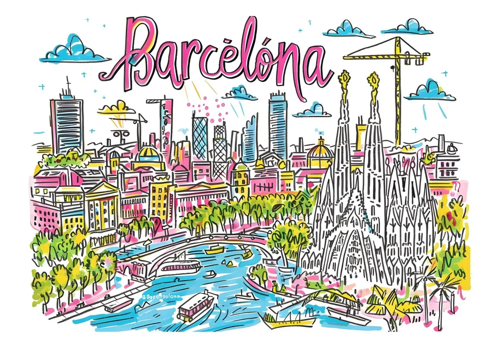 Barcelona Spanje Funky Kleurrijke Stadsposter canvas met Baklijst van homdeco