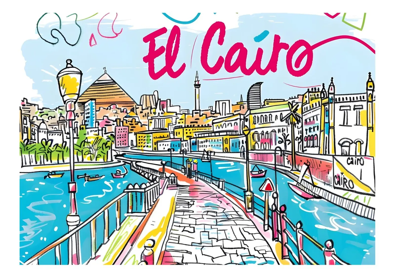 El Cairo Egypte Kleurrijke Funky Stadsposter canvas met Baklijst van homdeco