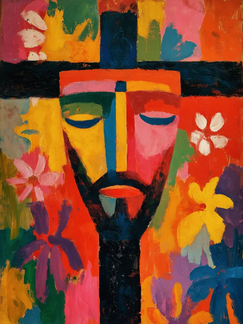 Optimistic Jesus face | Expressionist power of colour poster with wooden frame by Autofocus