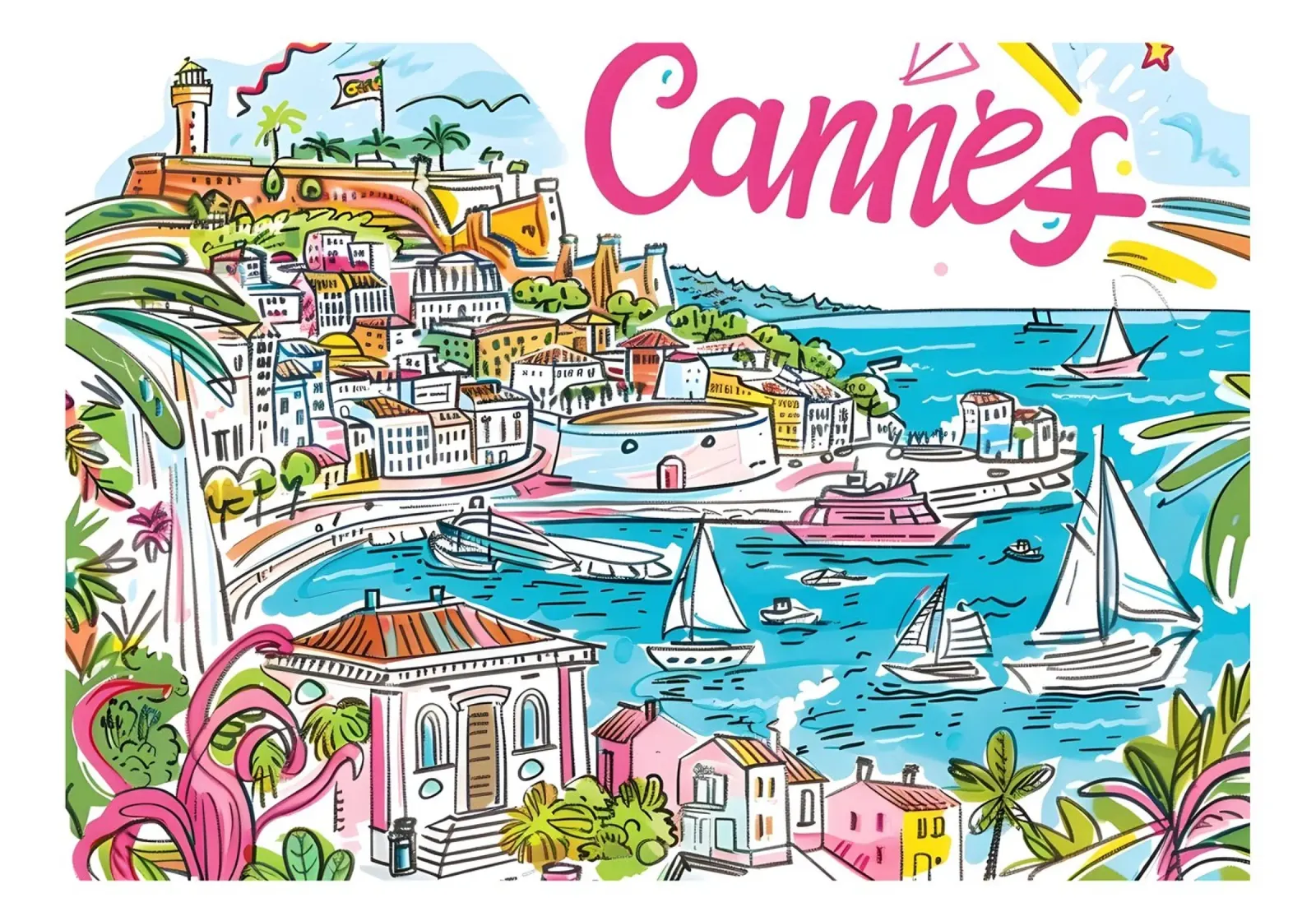 Cannes Frankrijk Kleurrijk Funky Reiskunstwerk canvas met Baklijst van homdeco