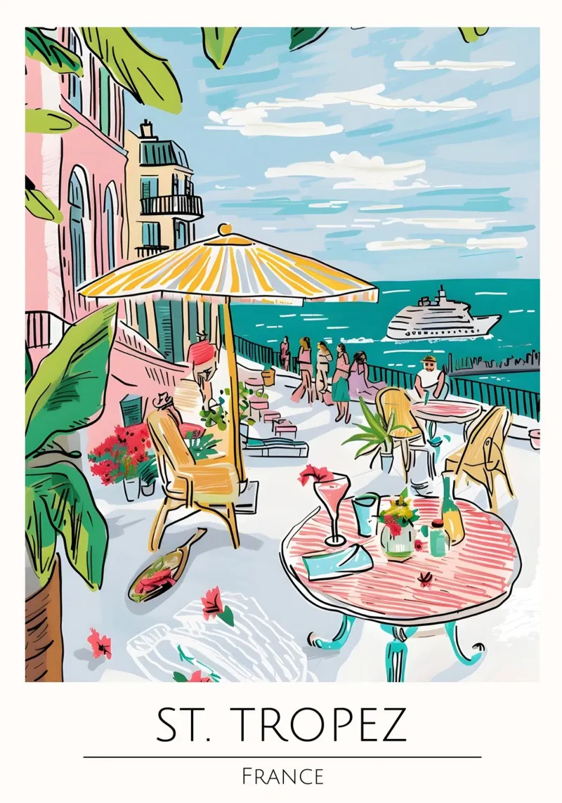 St Tropez Frankrijk Kleurrijk Kustterras Kunst canvas met Baklijst van homdeco