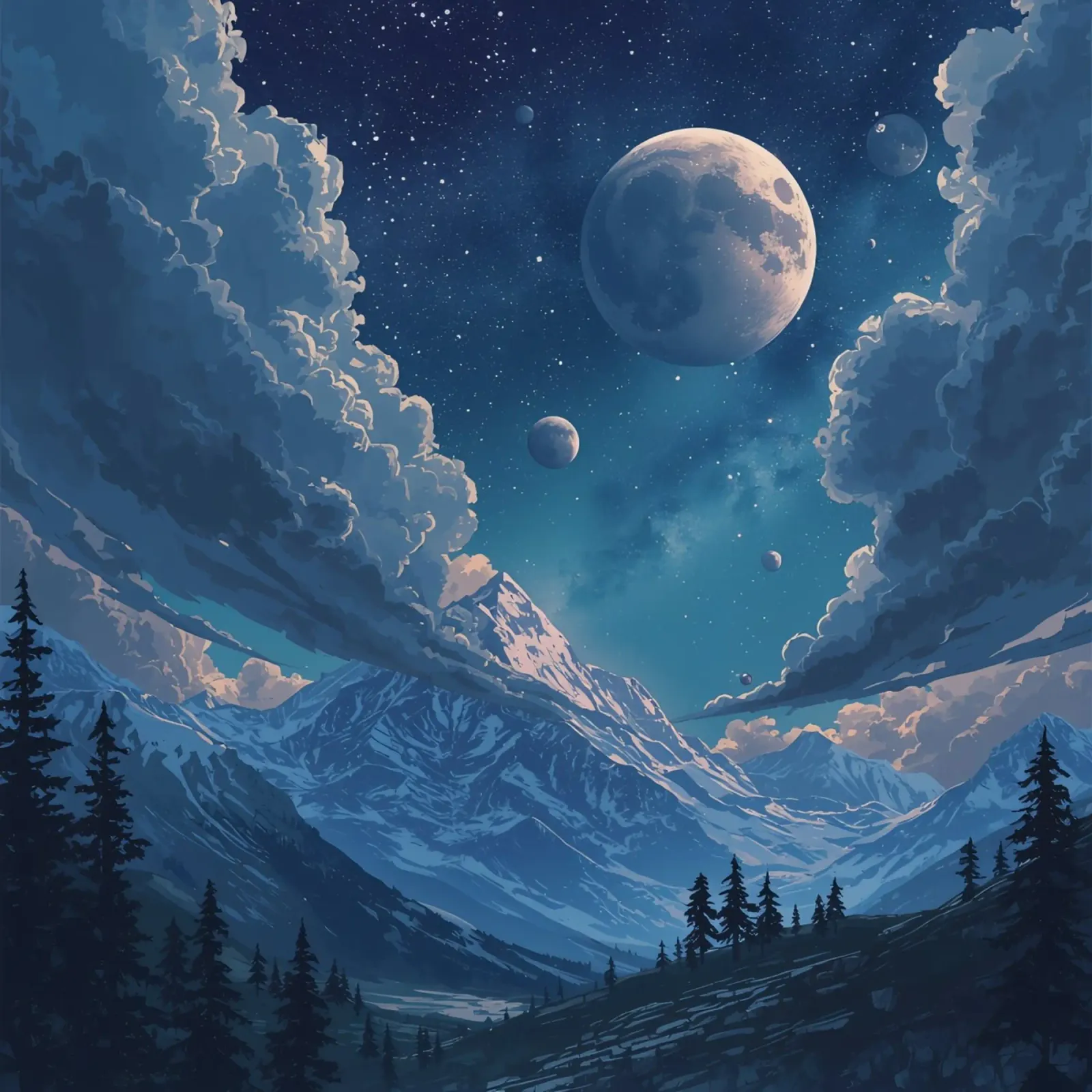Mountains with Trees Under Moonlit Starry Sky canvas with Floater frame by DesignDoodle
