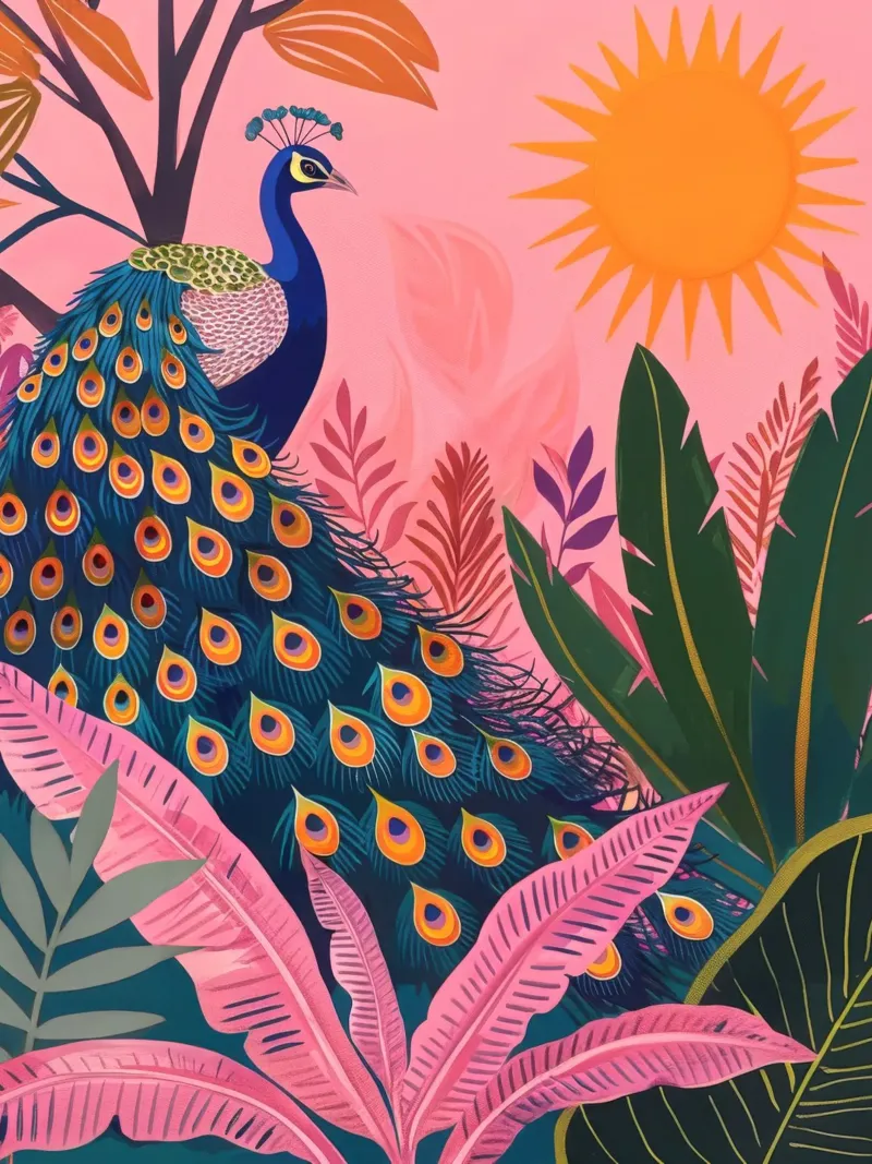 Sole di pavone boho nella giungla tropicale con foglie di palma rosa poster con telaio in plastica da Gentle Echoes Art
