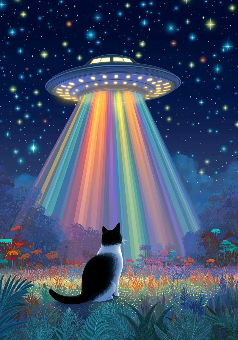 Cat vs UFO Spaceship canvas with Floater frame by Stellar Creative