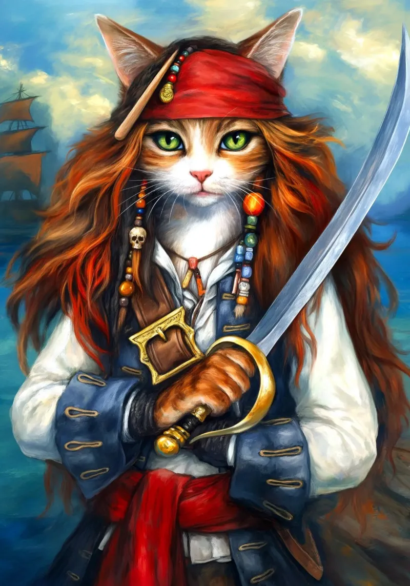Gatto Caraibico Capitano Pirata poster con telaio in plastica da Fleur de Lys