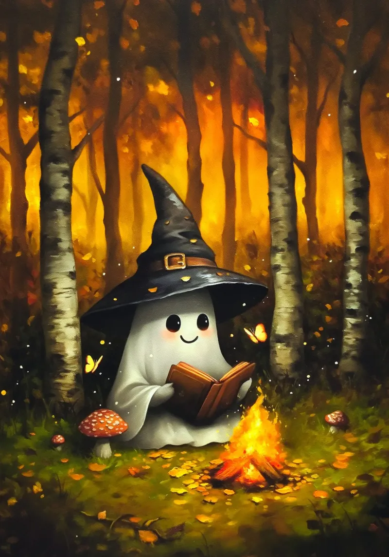 Schattige Ghost Reading bij kampvuur in de herfst poster met kunststof frame van Fleur de Lys