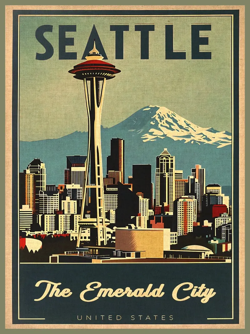 Seattle space needle paesaggio urbano mount rainier tela con Cornice a cassetta da Christine N Shay