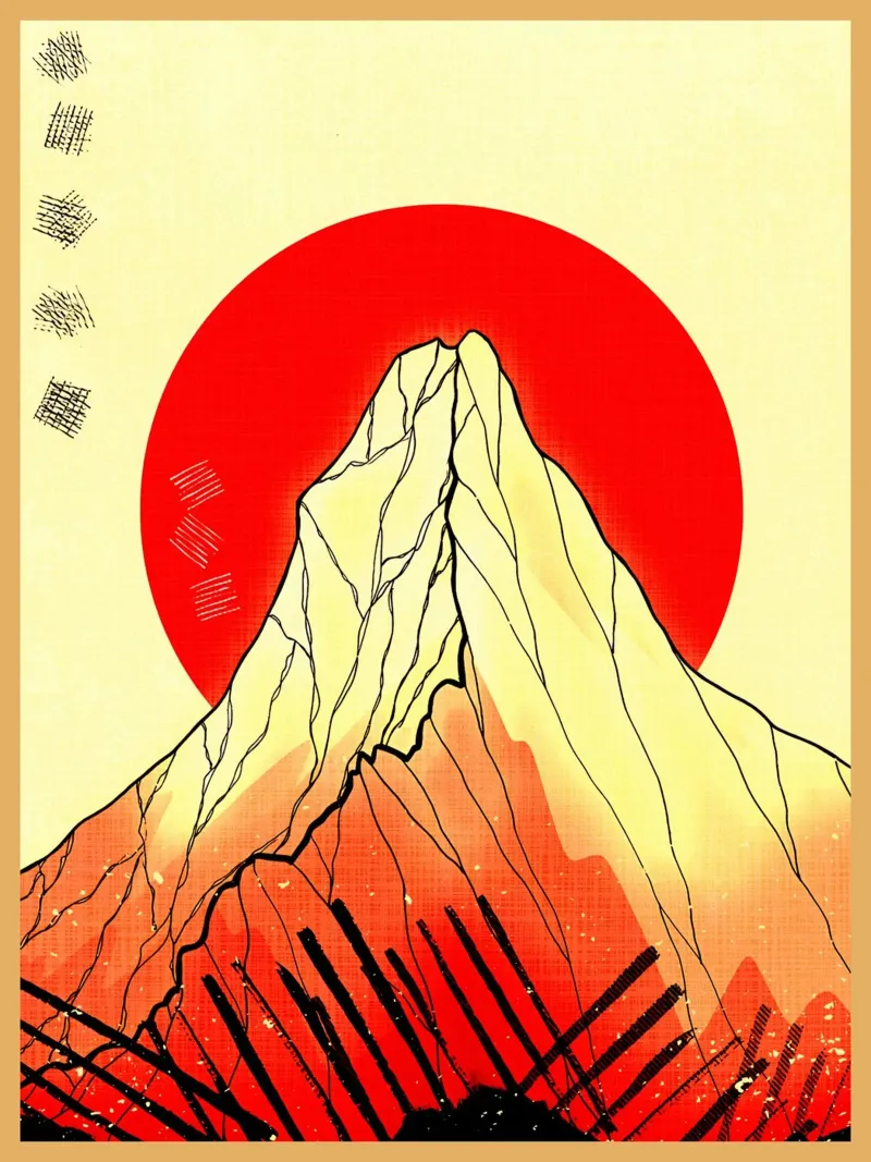 sole di montagna linee circolari rosse poster con telaio in alluminio da Christine N Shay