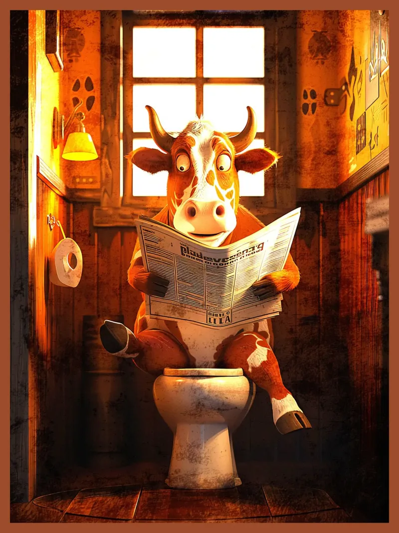 Kuh lesend Zeitung sitzend auf Toilette Badezimmer Poster von Christine N Shay